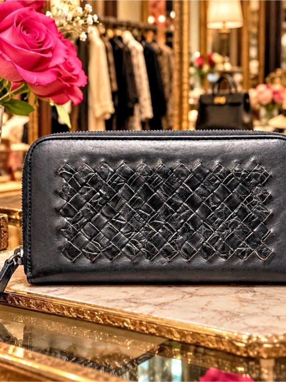 Bottega Veneta Intrecciato Zip-Around Long Wallet Black